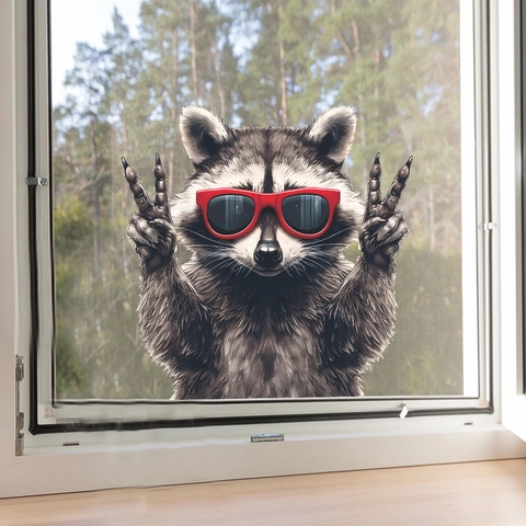 Sunglasses Raccoon Wall Sticker Peace Sign Cartoon Animal PVC Self-Adhesive Window Decal Home Decor For Bedroom Porch
