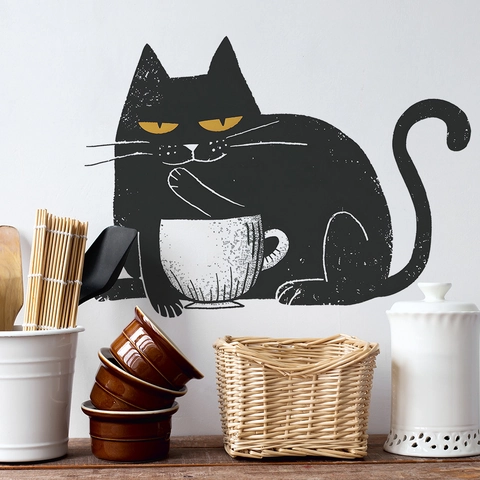 Funny Black Cat Coffee Wall Sticker PVC Self Adhesive Removable Decoration For Kitchen Bedroom Cafe DIY Art Mural Decal