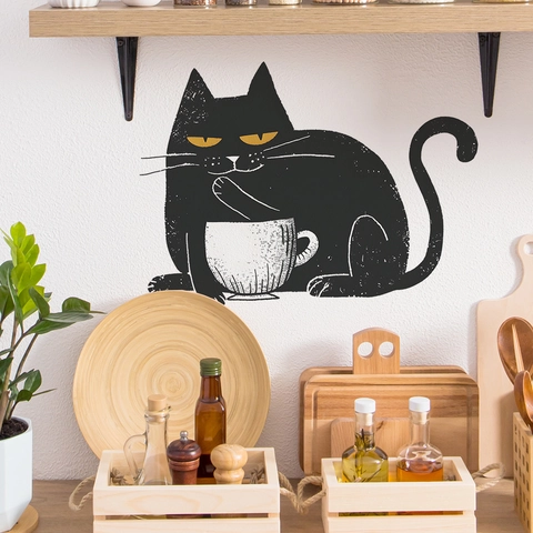 Funny Black Cat Coffee Wall Sticker PVC Self Adhesive Removable Decoration For Kitchen Bedroom Cafe DIY Art Mural Decal