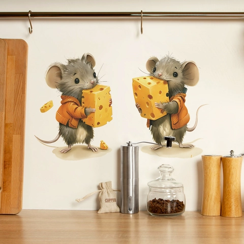 Cartoon Mouse Holding Cheese Wall Sticker PVC Removable DIY Decal For Kids Room Kitchen Bedroom Home Decoration Mural