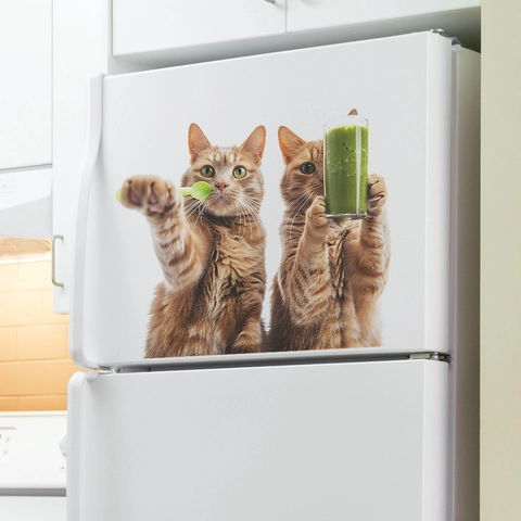 Creative Cat Drinking Green Juice PVC Wall Sticker Removable Waterproof Refrigerator Window Decor Kitchen Wall Decal Mural