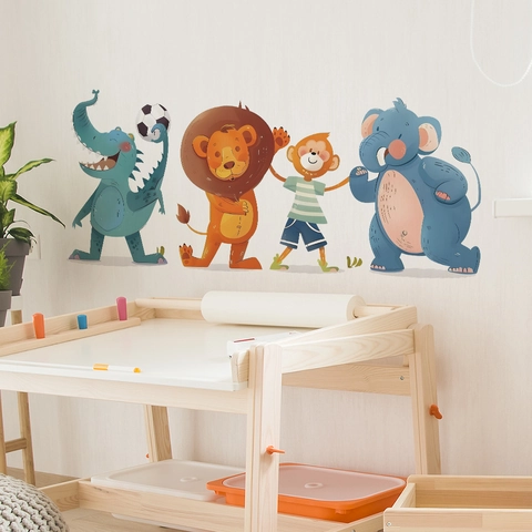 Cartoon Animals Soccer Player Wall Stickers Removable PVC Dinosaur Lion Monkey Elephant Nursery Kids Bedroom Decor