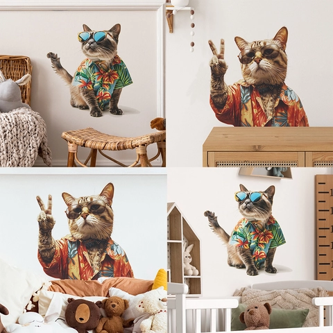 Creative Cartoon Cat Wall Sticker Anthropomorphic Cat With Sunglasses Hawaiian Shirt Removable PVC Decal Home Decor