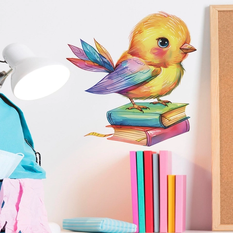 Adesivo da Parete con Uccello ad Acquerello su Libri Decalcomania Decorativa in PVC per Camera dei Bambini Casa