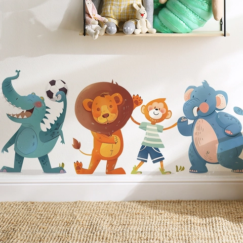 Cartoon Animals Soccer Player Wall Stickers Removable PVC Dinosaur Lion Monkey Elephant Nursery Kids Bedroom Decor