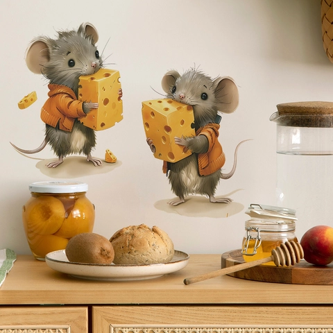 Cartoon Mouse Holding Cheese Wall Sticker PVC Removable DIY Decal For Kids Room Kitchen Bedroom Home Decoration Mural