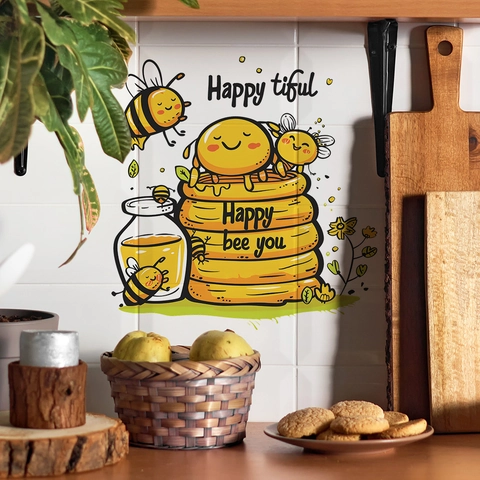 Adesivi Murali con Ape Cartone Animato e Barattolo di Miele Decalcomanie in PVC Autoadesive per Cucina Camera dei Bambini Casa