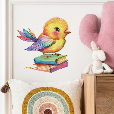 Adesivo da Parete con Uccello ad Acquerello su Libri Decalcomania Decorativa in PVC per Camera dei Bambini Casa