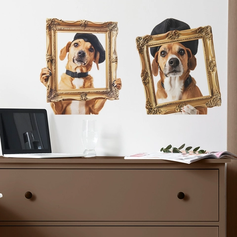 Creatieve Hond Barok Fotolijst Muurstickers Grappig 3D Verwijderbare PVC Sticker Voor Slaapkamer Woonkamer Woondecoratie