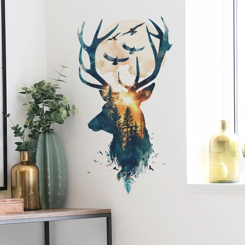 Dreamy Deer Forest Wall Sticker Double Exposure Silhouette PVC Art Decal For Kids Bedroom Living Room Home Decor