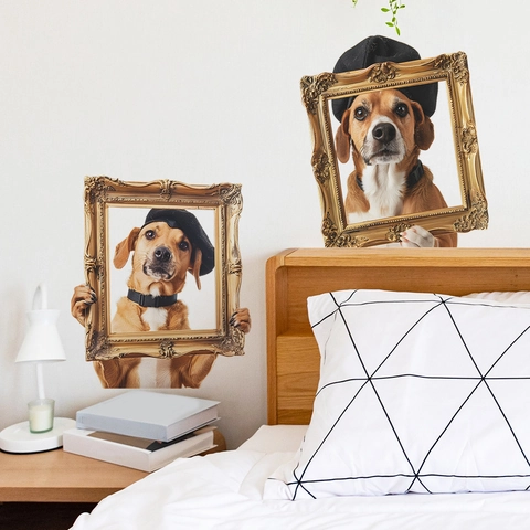 Creatieve Hond Barok Fotolijst Muurstickers Grappig 3D Verwijderbare PVC Sticker Voor Slaapkamer Woonkamer Woondecoratie