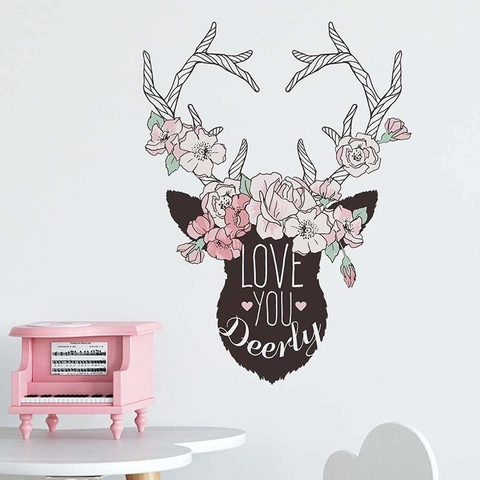 Watercolor Art Deer Head Wall Sticker Floral PVC Removable Decal LOVE YOU Deerly For Kids Room Bedroom Home Decor