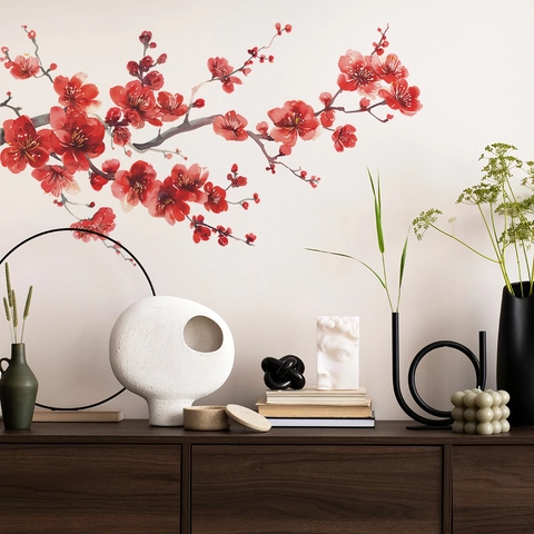 Red Plum Blossom Branch Wall Sticker PVC Self Adhesive Watercolor Floral Wall Decal For Living Room Bedroom Home Decor