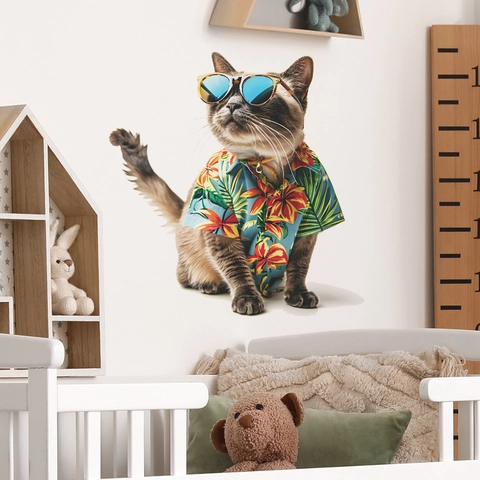 Creative Cartoon Cat Wall Sticker Anthropomorphic Cat With Sunglasses Hawaiian Shirt Removable PVC Decal Home Decor