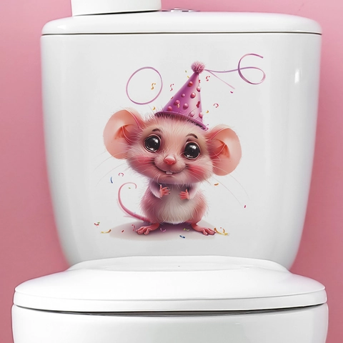 Schattige Cartoon Muis Toiletbril Sticker Met Roze Feestmuts PVC Waterdicht Zelfklevende Muursticker Voor Kinderkamer Huis