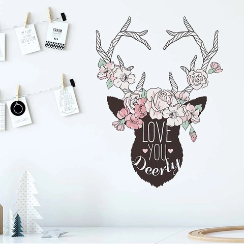 Watercolor Art Deer Head Wall Sticker Floral PVC Removable Decal LOVE YOU Deerly For Kids Room Bedroom Home Decor