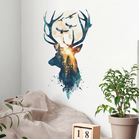 Dreamy Deer Forest Wall Sticker Double Exposure Silhouette PVC Art Decal For Kids Bedroom Living Room Home Decor