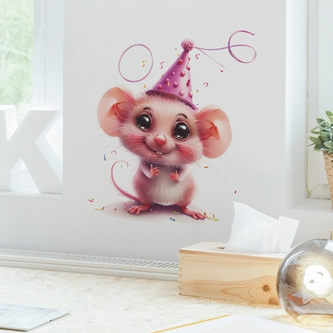 Schattige Cartoon Muis Toiletbril Sticker Met Roze Feestmuts PVC Waterdicht Zelfklevende Muursticker Voor Kinderkamer Huis