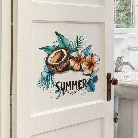Adesivo Murale in PVC a Tema Frutta Tropicale Estiva Impermeabile Cocco Fiore di Ibisco Autoadesivo Decorazione per Soggiorno Camera da Letto