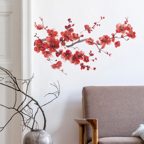 Red Plum Blossom Branch Wall Sticker PVC Self Adhesive Watercolor Floral Wall Decal For Living Room Bedroom Home Decor