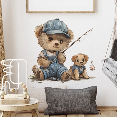 Adesivo Murale Cartoon Orsacchiotto Pesca Baseball Per Cameretta Bambini Decorazione PVC Impermeabile Removibile Casa