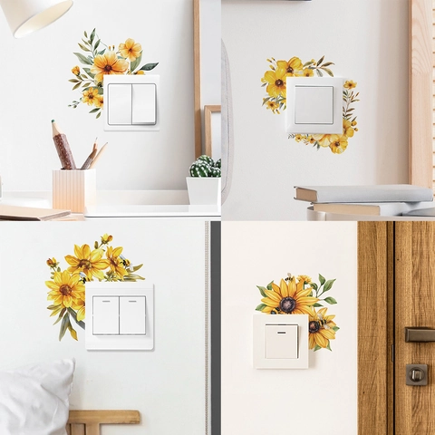 Gelbe Sonnenblume Biene PVC Wandaufkleber Abnehmbare Aquarell Blume Schalteraufkleber Für Kinderzimmer Wohnzimmer Heimdekoration Wandbild DIY Kunst Aufkleber