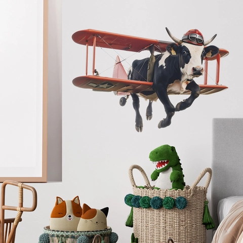 Creative Cow Pilot Wall Sticker Biplane Cartoon Animal Airplane Mural For Kids Nursery Home Bedroom Living Room Decor