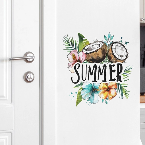 Adesivo Murale in PVC a Tema Frutta Tropicale Estiva Impermeabile Cocco Fiore di Ibisco Autoadesivo Decorazione per Soggiorno Camera da Letto