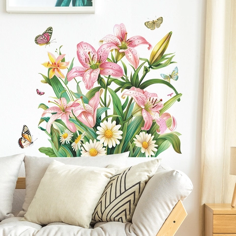 Romantische Roze Lelie Bloem Vlinder Muurstickers Voor Slaapkamer Woonkamer PVC Zelfklevend Verwijderbaar Decoratief
