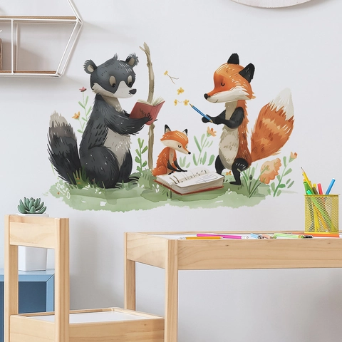 Aquarel Cartoon Bosdieren Muursticker Vos Das Lezen PVC Decal Voor Kinderkamer Kwekerij Huis Muurkunst Decoratie