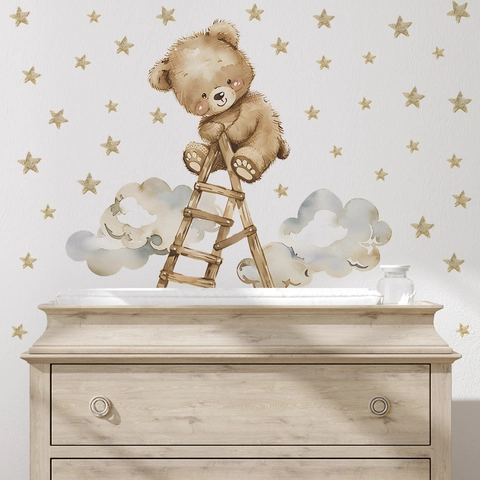 Watercolor Cartoon Bear On Ladder Wall Sticker With Clouds And Stars Removable PVC Decal For Kids Room Nursery Home Decor