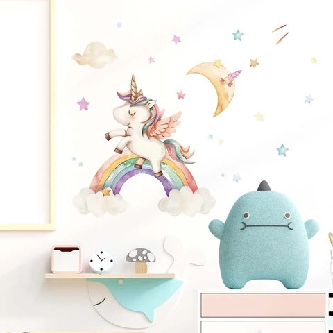 Aquarel Regenboog Eenhoorn Muursticker Voor Kinderkamer Verwijderbare PVC Cartoon Dier Maan Ster Muurstickers Kinderkamer Decor