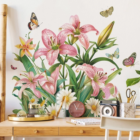 Romantische Roze Lelie Bloem Vlinder Muurstickers Voor Slaapkamer Woonkamer PVC Zelfklevend Verwijderbaar Decoratief