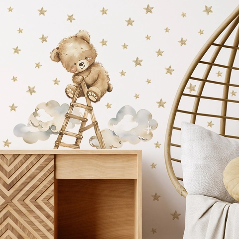 Watercolor Cartoon Bear On Ladder Wall Sticker With Clouds And Stars Removable PVC Decal For Kids Room Nursery Home Decor