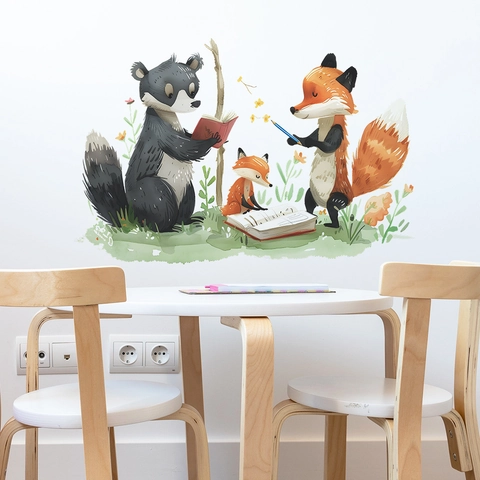 Aquarel Cartoon Bosdieren Muursticker Vos Das Lezen PVC Decal Voor Kinderkamer Kwekerij Huis Muurkunst Decoratie