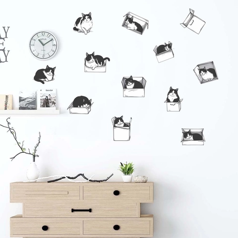 Adesivi Murali Gatto Bianco e Nero Cartone Animato Decalcomanie in PVC Rimovibili per Camera da Letto Soggiorno Decorazioni Casa