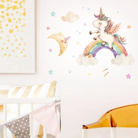 Aquarel Regenboog Eenhoorn Muursticker Voor Kinderkamer Verwijderbare PVC Cartoon Dier Maan Ster Muurstickers Kinderkamer Decor
