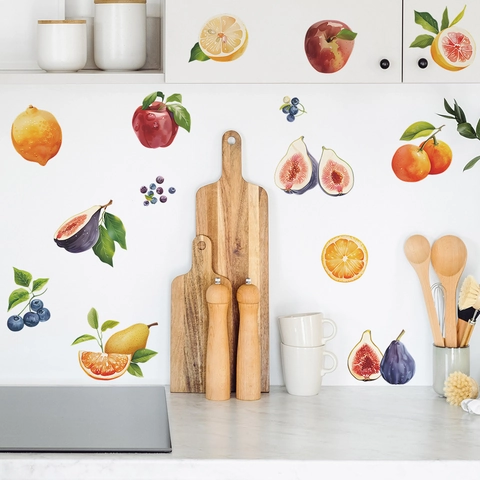 Watercolor Fruit Wall Stickers For Kitchen Dining Room Removable PVC Self Adhesive Lemon Apple Fig Decals Home Decor