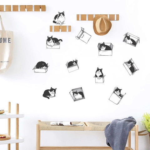 Adesivi Murali Gatto Bianco e Nero Cartone Animato Decalcomanie in PVC Rimovibili per Camera da Letto Soggiorno Decorazioni Casa