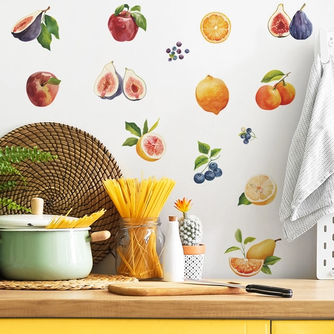 Watercolor Fruit Wall Stickers For Kitchen Dining Room Removable PVC Self Adhesive Lemon Apple Fig Decals Home Decor
