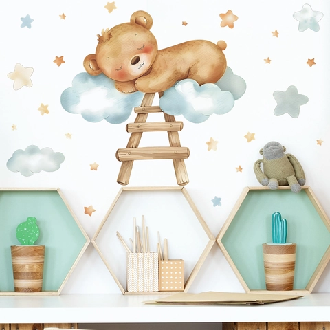 Watercolor Cartoon Sleeping Bear On Clouds Wall Sticker With Stars And Ladder Removable PVC Decorative Wall Decal For Kids Nursery Room