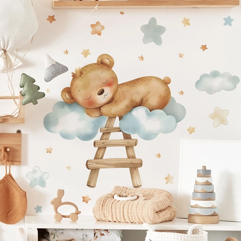 Watercolor Cartoon Sleeping Bear On Clouds Wall Sticker With Stars And Ladder Removable PVC Decorative Wall Decal For Kids Nursery Room