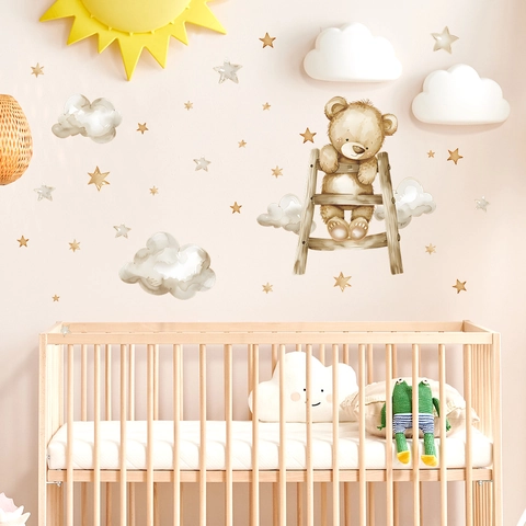 Watercolor Cartoon Teddy Bear On Ladder Wall Sticker For Kids Nursery Bedroom PVC Self Adhesive Clouds Stars Decor Home Decal