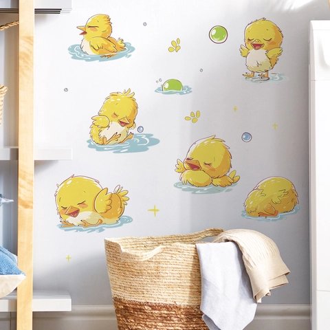 Cartoon Yellow Duck Wall Stickers For Kids Bathroom Bedroom Decor Waterproof PVC Self Adhesive Chick Nursery Animal Wall Decal