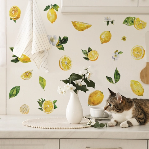 Watercolor Lemon Fruit Leaf Wall Stickers PVC Self Adhesive Removable Home Decor For Kitchen Dining Room Dormitory Wall Decals