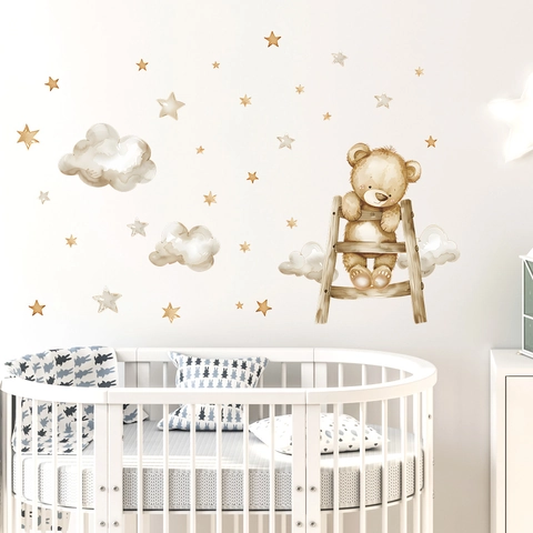 Watercolor Cartoon Teddy Bear On Ladder Wall Sticker For Kids Nursery Bedroom PVC Self Adhesive Clouds Stars Decor Home Decal