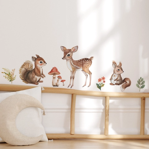 Pegatinas de Pared de Animales del Bosque en Acuarela Ciervo Ardilla Champiñón Hojas Calcomanía de PVC para Habitación Niños