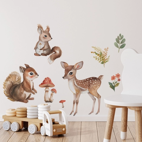 Pegatinas de Pared de Animales del Bosque en Acuarela Ciervo Ardilla Champiñón Hojas Calcomanía de PVC para Habitación Niños