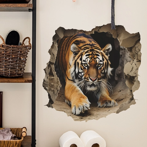 3D Stereoscopic Broken Wall Tiger Wall Sticker Waterproof Removable PVC Wall Art Decal For Kids Room Bedroom Living Room Home Decor