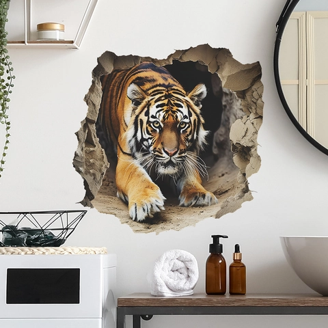 3D Stereoscopic Broken Wall Tiger Wall Sticker Waterproof Removable PVC Wall Art Decal For Kids Room Bedroom Living Room Home Decor